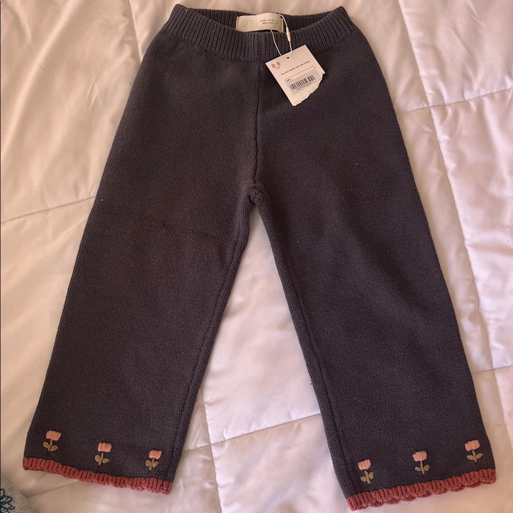 Zara Charcoal Knit Pants with Pink Flower Trim